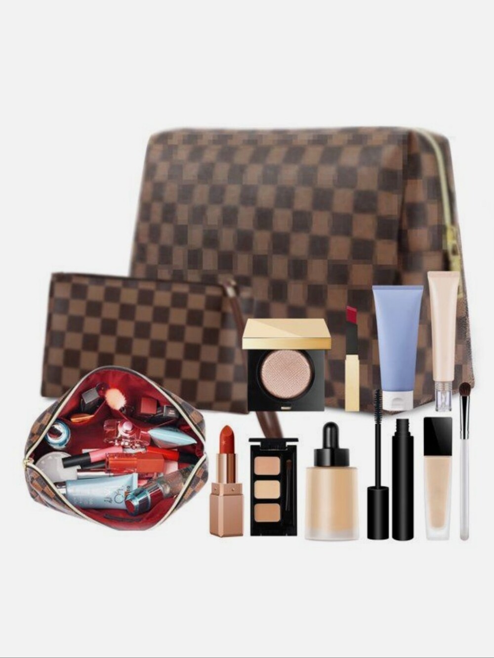 Brown Checkered Cosmetic Pouch Set with Wristlet - Picture 4 of 10